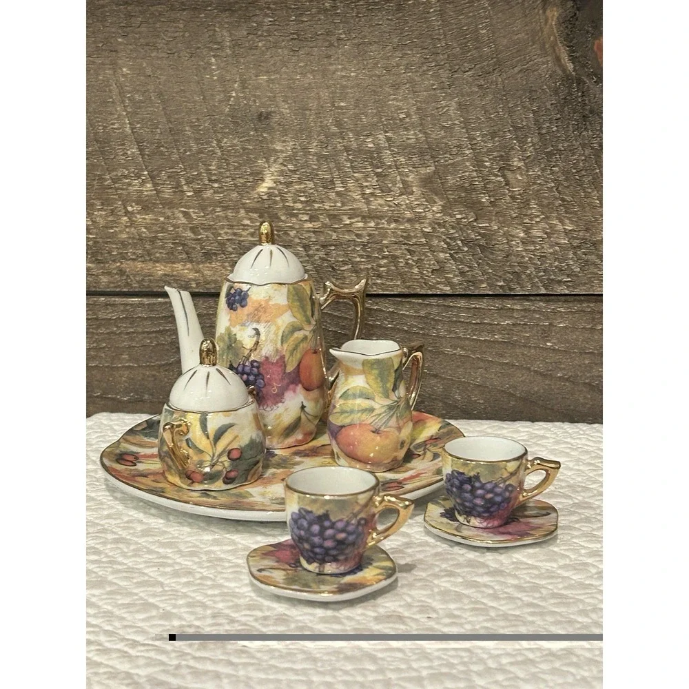 Vintage Miniature 10 Piece Chinese Porcelain Tea Set Fruit Design Gold Trim EUC‎